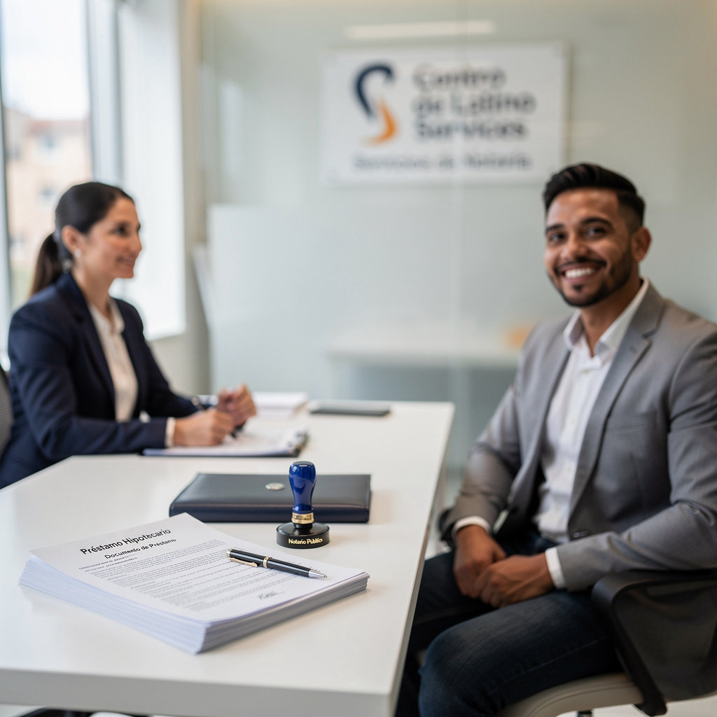 Centro de Latino Services notary expert reviewing loan documents for a client in Santa Maria